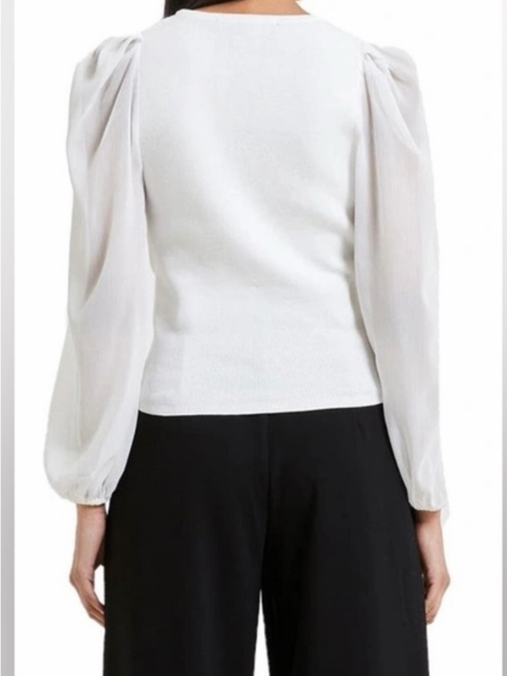 French Connection White V-Neck Puff Sleeve Wrap Blouse - Picture 2 of 8